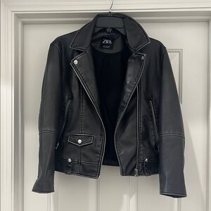 Zara Black Leather Moto Jacket with Asymmetrical Zipper